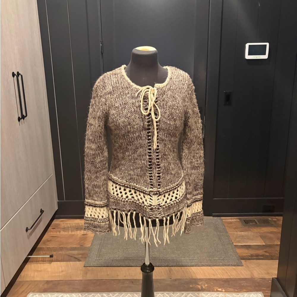 Chunky boho lace up sweater | mohair blend fringe knit | lagenlook festival- L